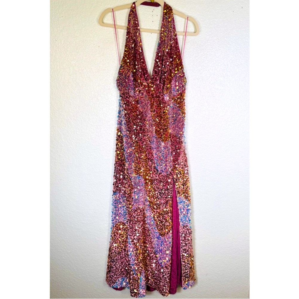 Free People Multicolor Sequin Backless Halter Dress - Pink, Gold, Blue - Picture 1 of 9